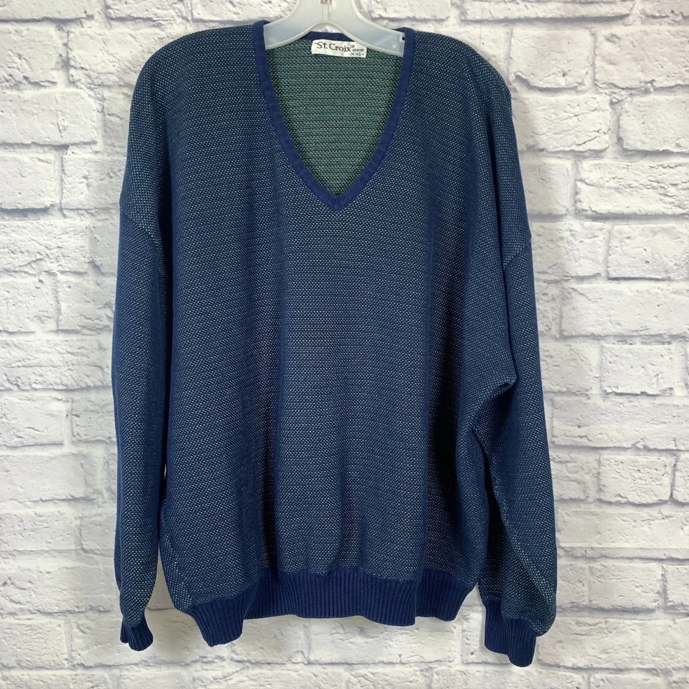 St Croix 2XL Mens V Neck Sweater‎ Textured Blue with Colorful Flecks